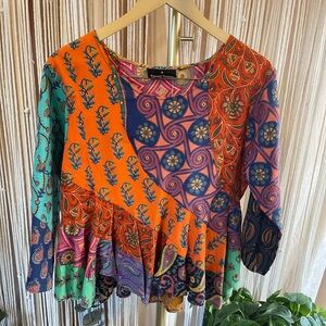 Boho multi-coloured patchwork peplum top with 3/4 sleeves vintage Sacred Threads